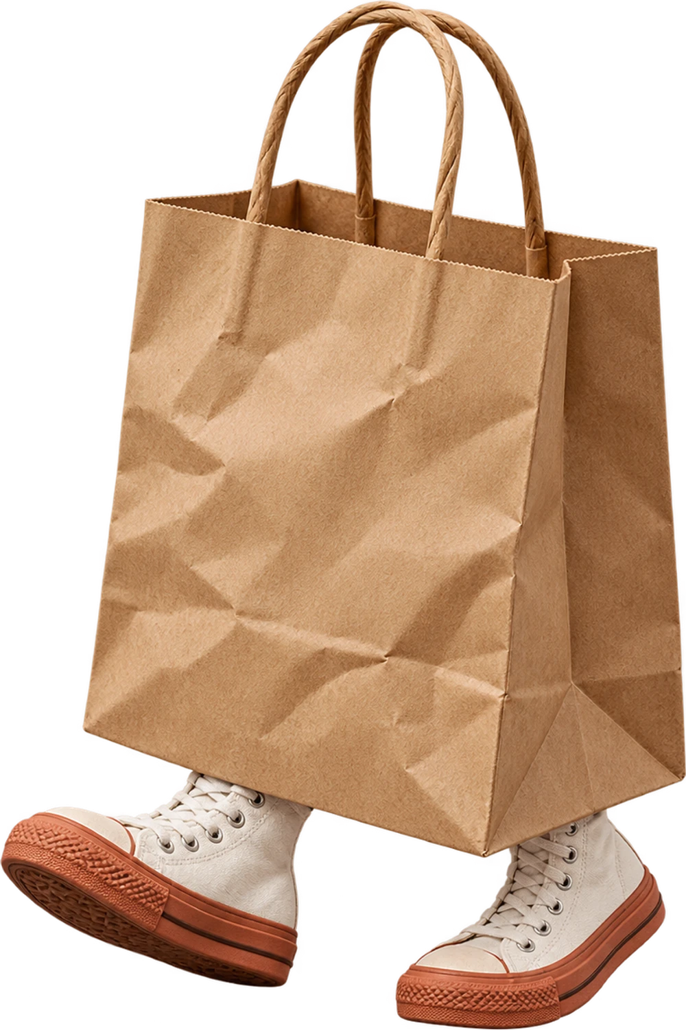 A paper shopping bag on sneakers, walking: a customer coming back to the shop